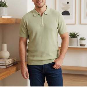 H&M Men’s XL Sage Green Waffle Knit Half-Zip Polo Slim Fit NWT